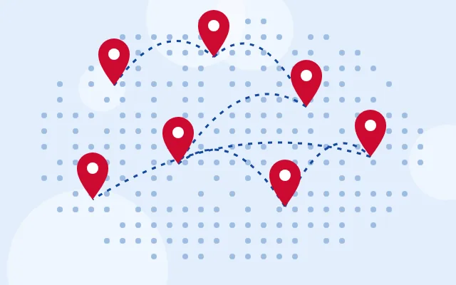 Mapa com marcadores ligados por rotas, representando a cobertura nacional do plano