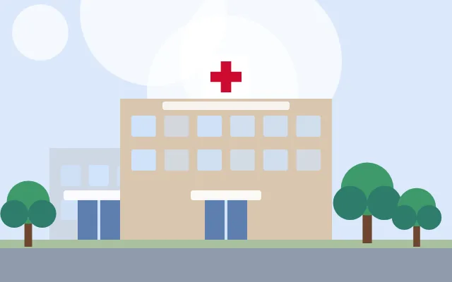 Ilustração de fachada de hospital em tons de bege