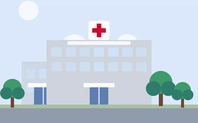 Ilustração de prédio hospitalar moderno em tons de cinza